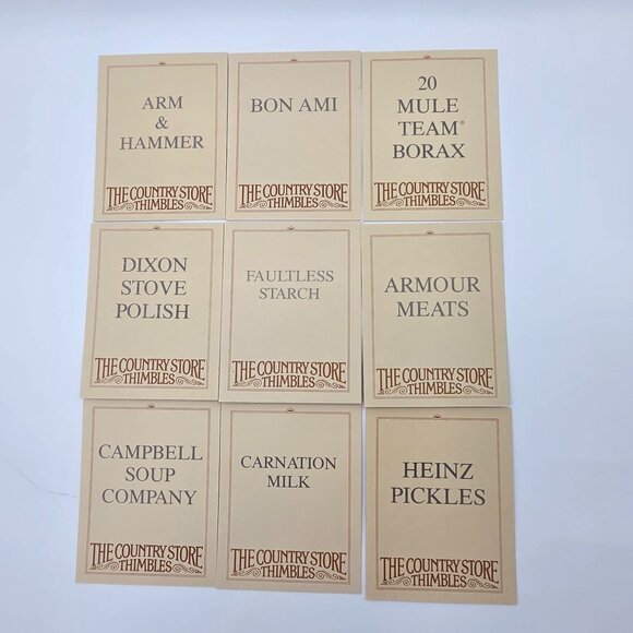 Country Store Advertising Thimbles Set of 25 and Info Cards W/ Wood Display Rack - Picture 3 of 16